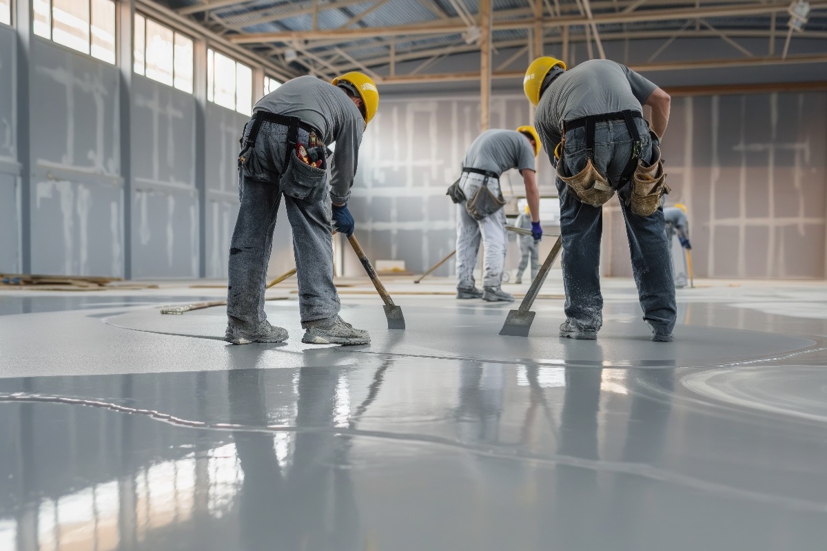 Construction workers apply grey epoxy resin to concrete floor in industrial hall. At work with roller, shovels, drills, hard hats, safety vests. Pro service, renovation, finishing, flooring,