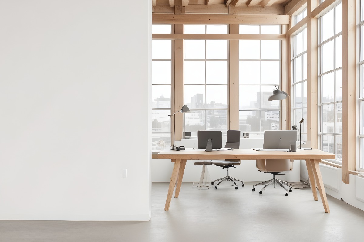 Mockup wall. Wooden coworking interior with PC computers on desks in rows, windows. 3D render